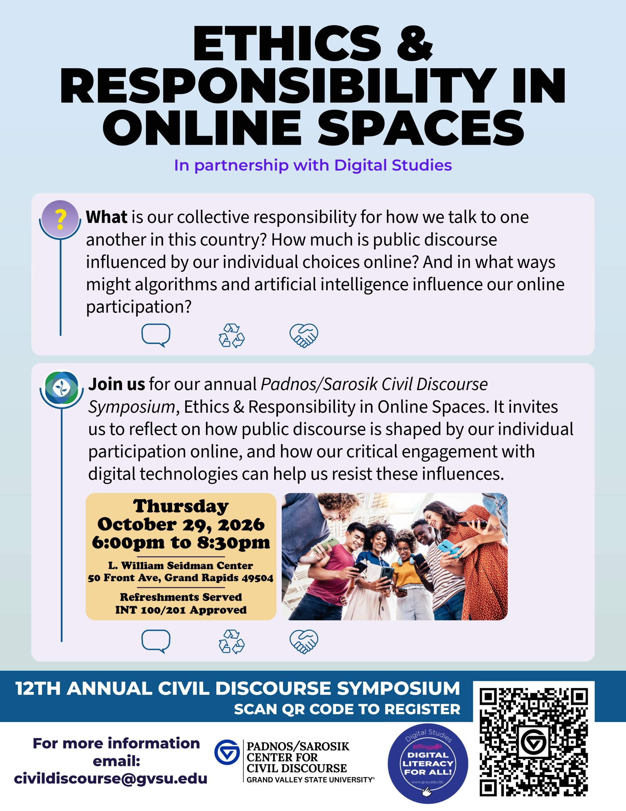 12th Annual Civil Discourse Symposium Flyer with Registration QR Code